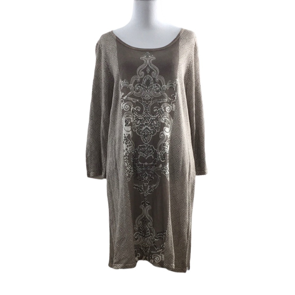 Chico's Gray White Mystic Scroll Athena Pullover Sweater Womens‎ 1 Medium Beaded